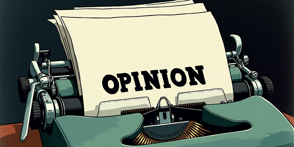 a typewriter with a lot of papers on it and the words opinion written in black and white on the top,