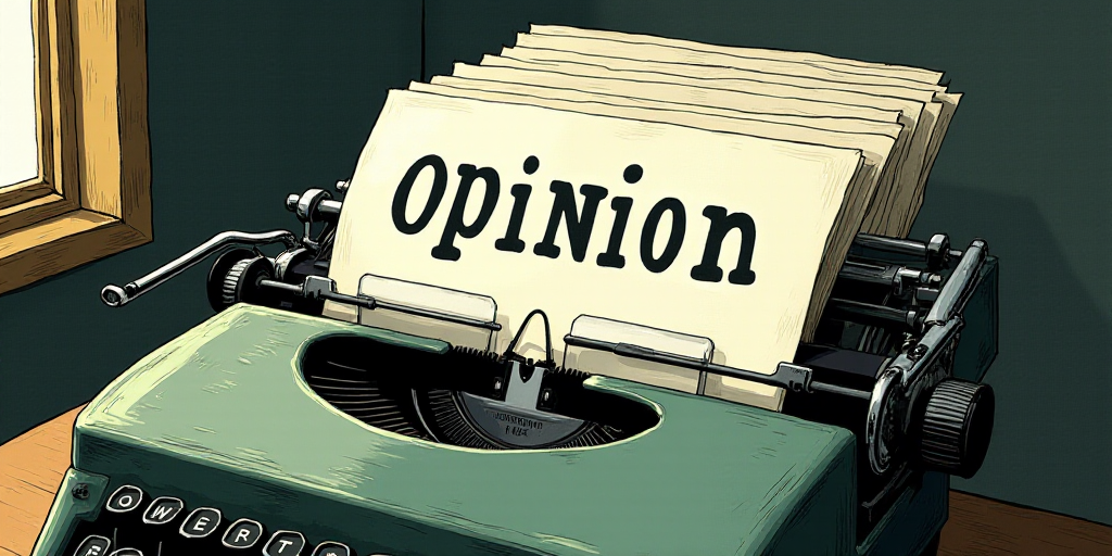 a typewriter with a lot of papers on it and the words opinion written in black and white on the top,