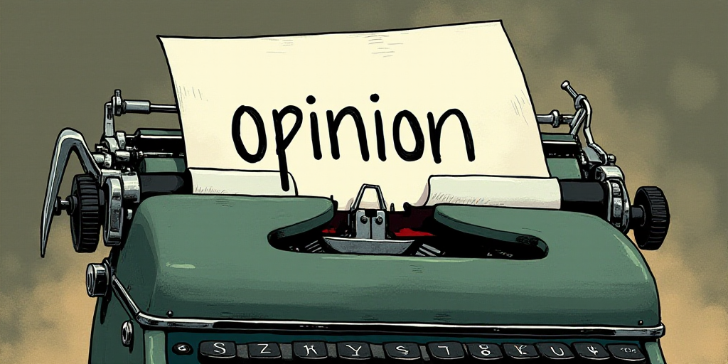 a typewriter with a lot of papers on it and the words opinion written in black and white on the top,