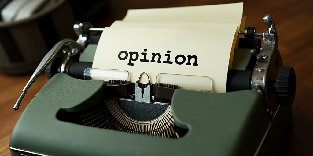 a typewriter with a lot of papers on it and a caption that says opinion on it in spanish, Edward Oth