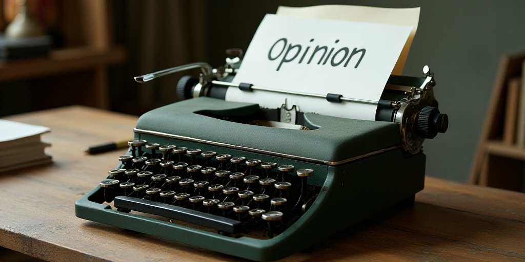 a typewriter with a lot of papers on it and a caption that says opinion on it in spanish, Edward Oth