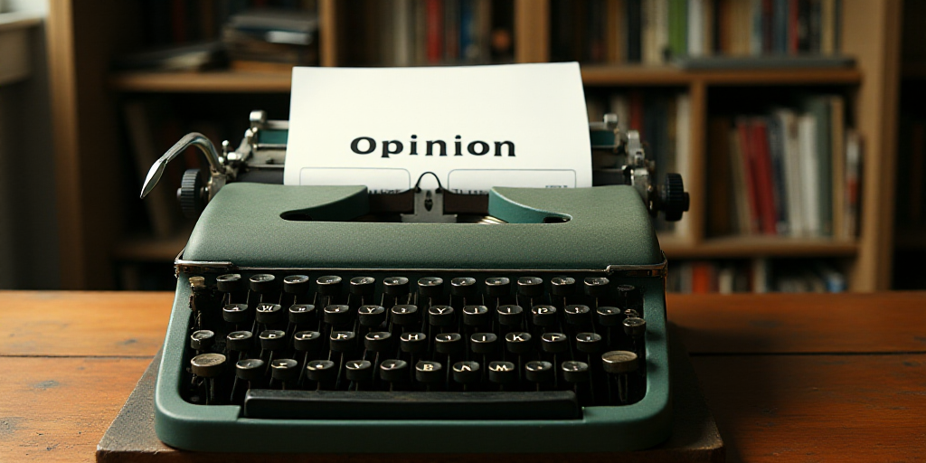a typewriter with a lot of papers on it and a caption that says opinion on it in spanish, Edward Oth