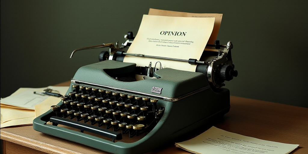 a typewriter with a lot of papers on it and a caption that says opinion on it in spanish, Edward Oth