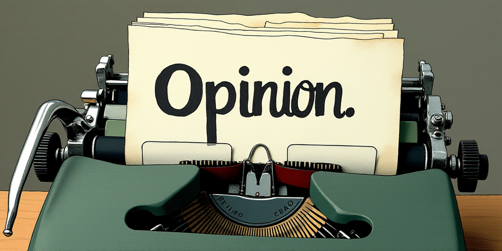 a typewriter with a lot of papers on it and the words opinion written in black and white on the top,