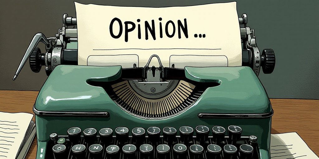 a typewriter with a lot of papers on it and the words opinion written in black and white on the top,