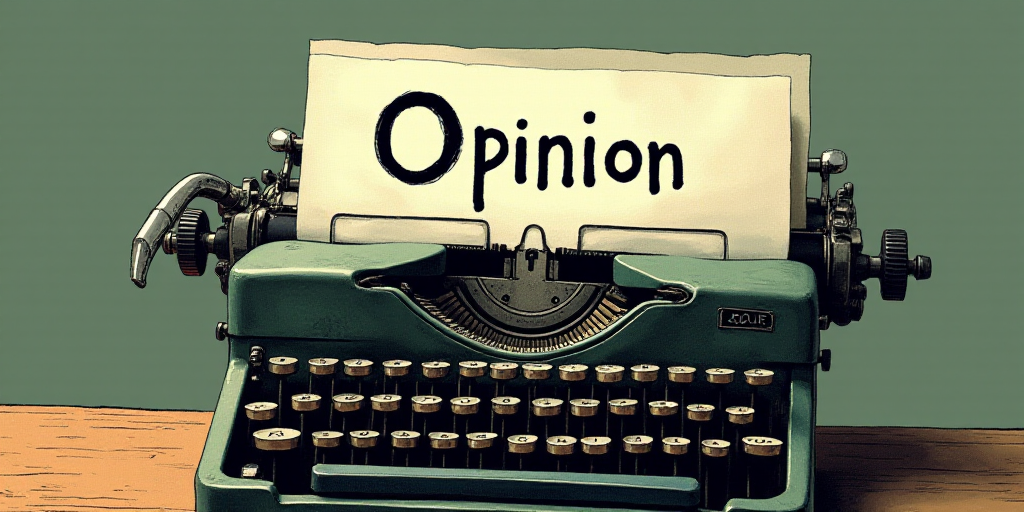 a typewriter with a lot of papers on it and the words opinion written in black and white on the top,
