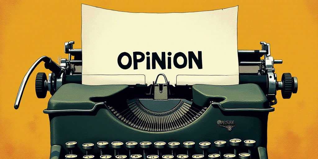 a typewriter with a lot of papers on it and the words opinion written in black and white on the top,