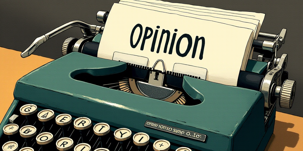 a typewriter with a lot of papers on it and the words opinion written in black and white on the top,