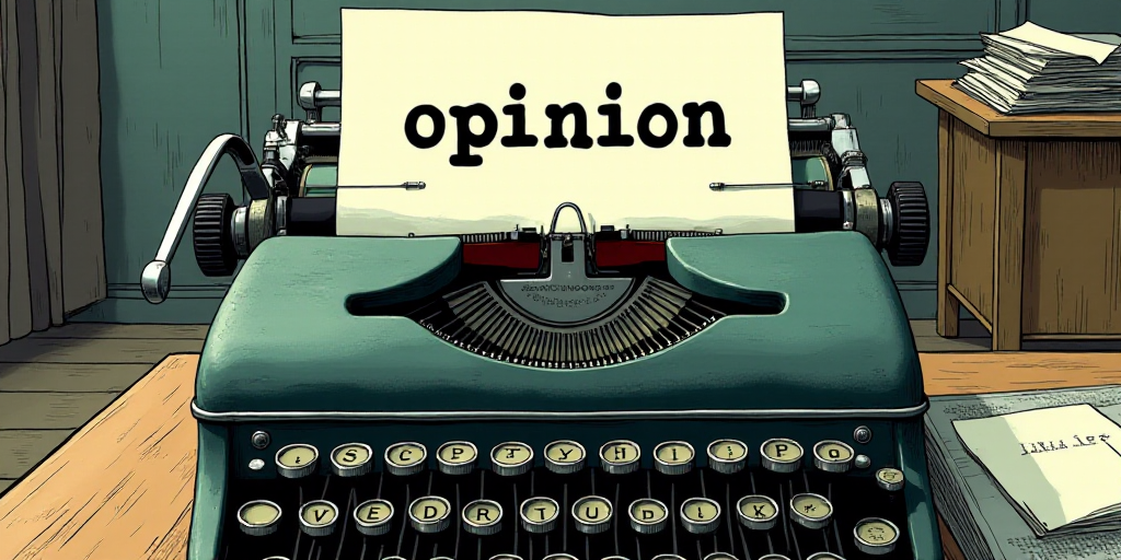 a typewriter with a lot of papers on it and the words opinion written in black and white on the top,