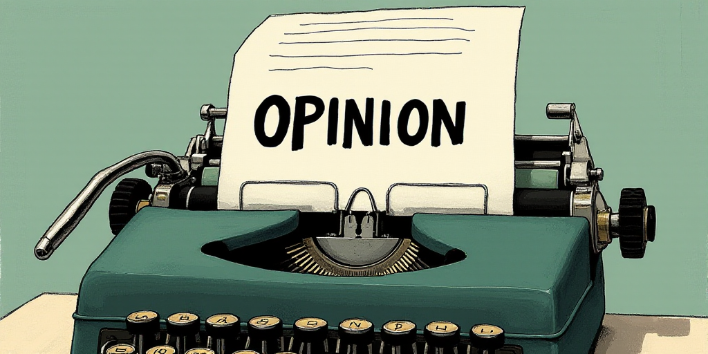 a typewriter with a lot of papers on it and the words opinion written in black and white on the top,