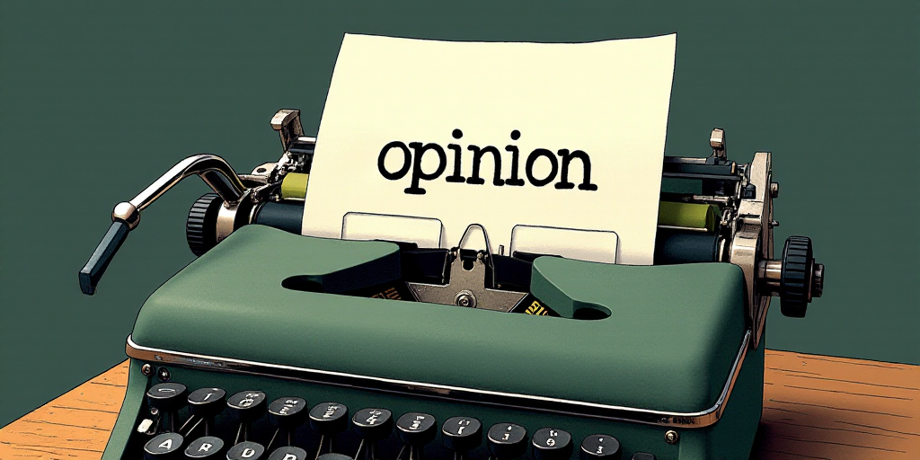 a typewriter with a lot of papers on it and the words opinion written in black and white on the top,