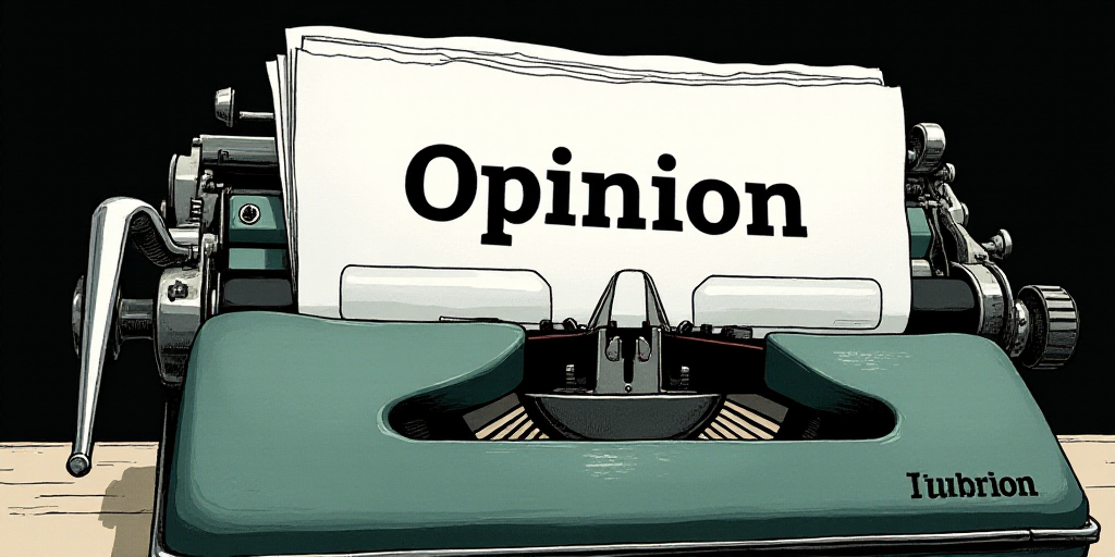 a typewriter with a lot of papers on it and the words opinion written in black and white on the top,