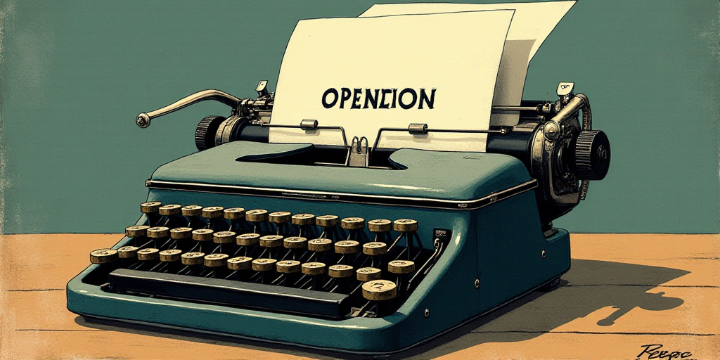 a typewriter with a lot of papers on it and the words opinion written in black and white on the top,