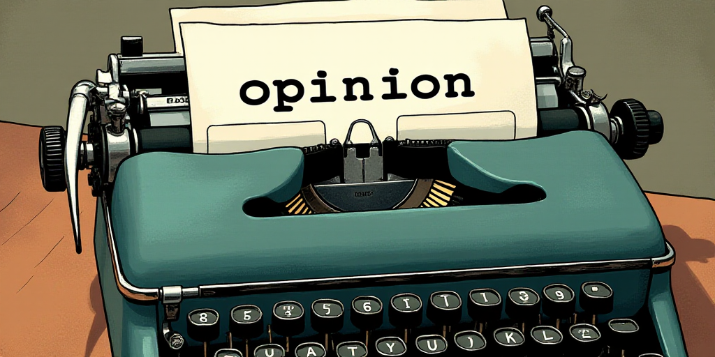 a typewriter with a lot of papers on it and the words opinion written in black and white on the top,