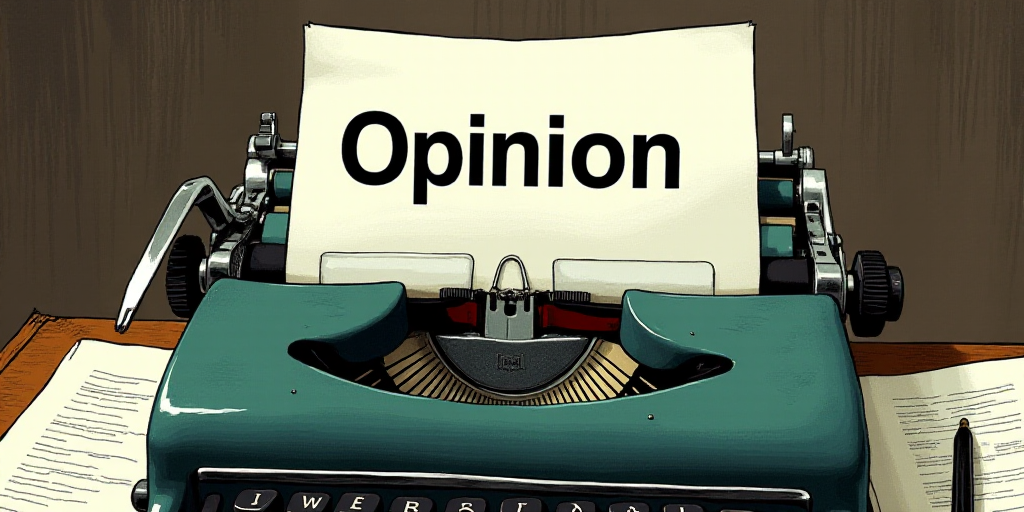 a typewriter with a lot of papers on it and the words opinion written in black and white on the top,