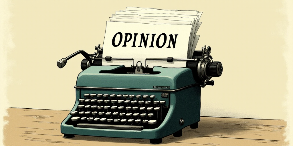 a typewriter with a lot of papers on it and the words opinion written in black and white on the top,