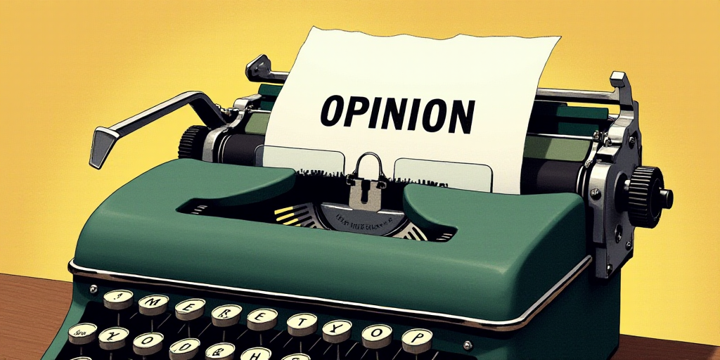 a typewriter with a lot of papers on it and the words opinion written in black and white on the top,