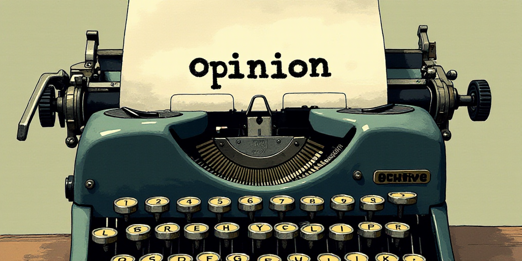 a typewriter with a lot of papers on it and the words opinion written in black and white on the top,
