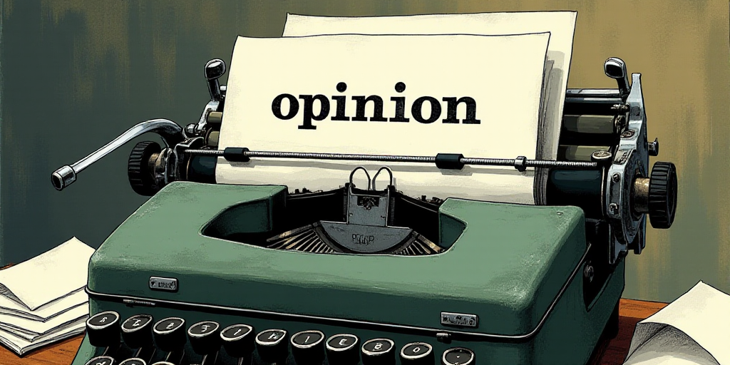 a typewriter with a lot of papers on it and the words opinion written in black and white on the top,