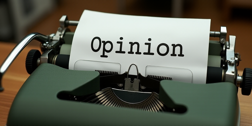 a typewriter with a lot of papers on it and a caption that says opinion on it in spanish, Edward Oth