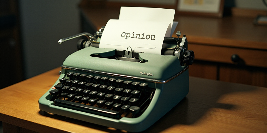 a typewriter with a lot of papers on it and a caption that says opinion on it in spanish, Edward Oth
