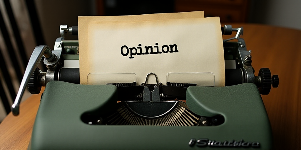 a typewriter with a lot of papers on it and a caption that says opinion on it in spanish, Edward Oth