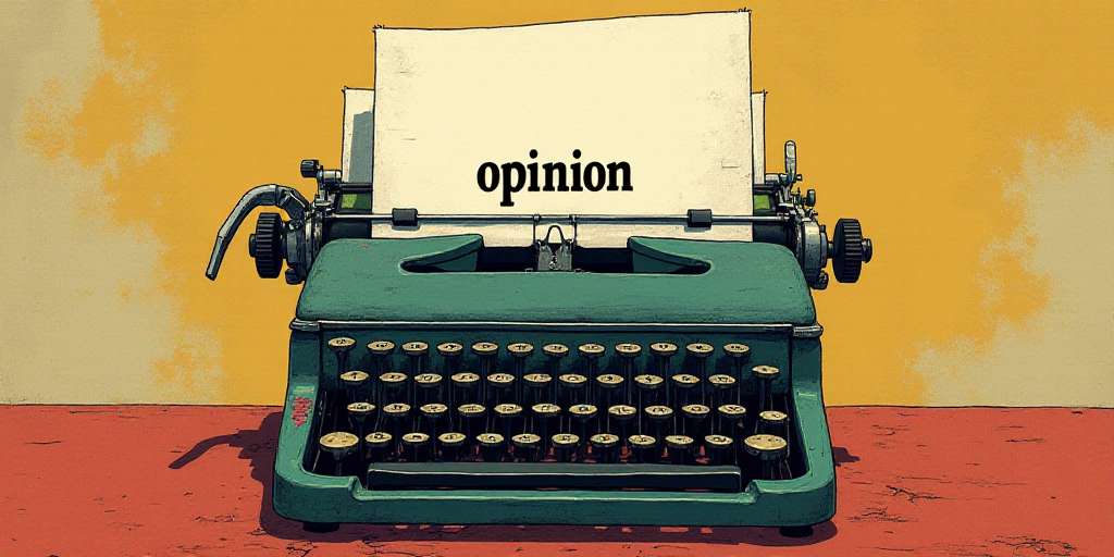 a typewriter with a lot of papers on it and the words opinion written in black and white on the top,