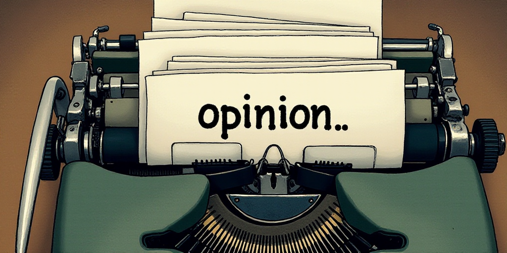 a typewriter with a lot of papers on it and the words opinion written in black and white on the top,
