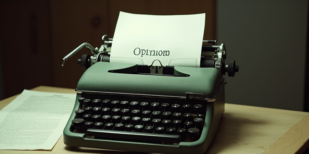 a typewriter with a lot of papers on it and a caption that says opinion on it in spanish, Edward Oth