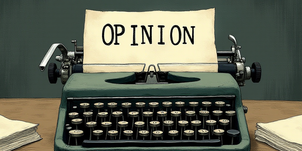 a typewriter with a lot of papers on it and the words opinion written in black and white on the top,