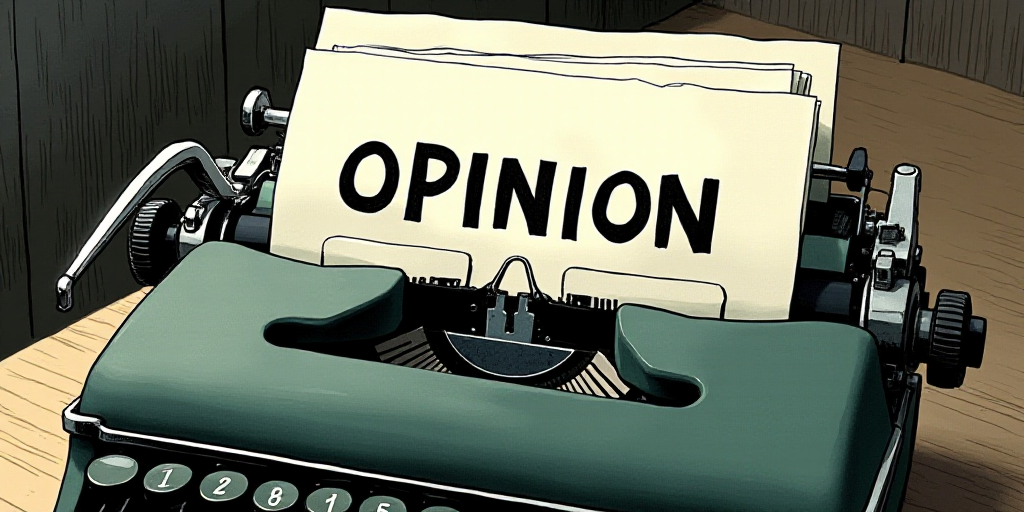 a typewriter with a lot of papers on it and the words opinion written in black and white on the top,