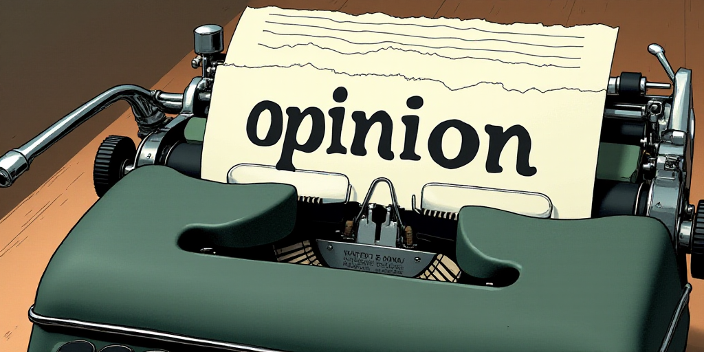 a typewriter with a lot of papers on it and the words opinion written in black and white on the top,