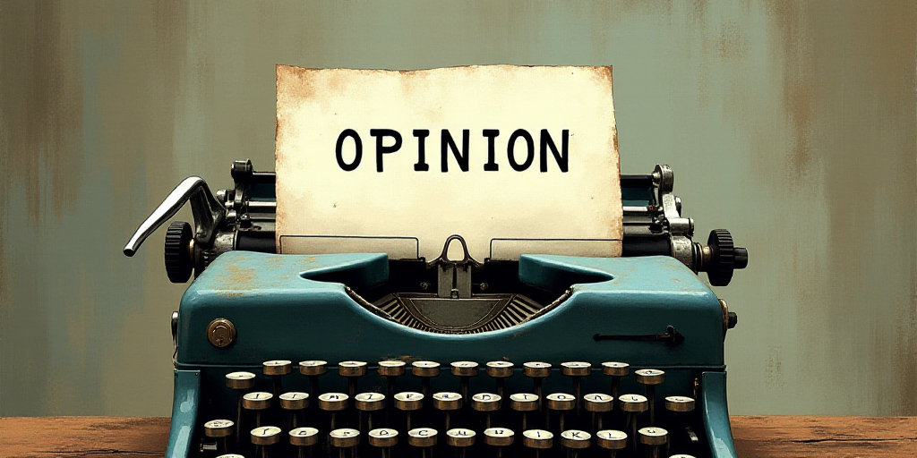 a typewriter with a lot of papers on it and the words opinion written in black and white on the top,