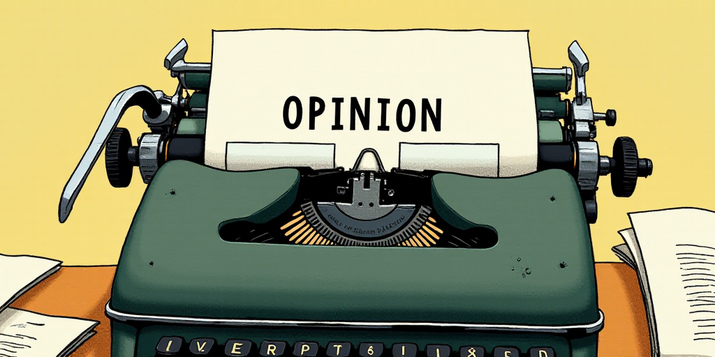 a typewriter with a lot of papers on it and the words opinion written in black and white on the top,