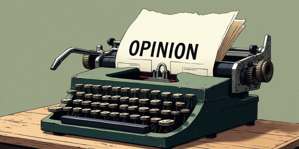 a typewriter with a lot of papers on it and the words opinion written in black and white on the top,