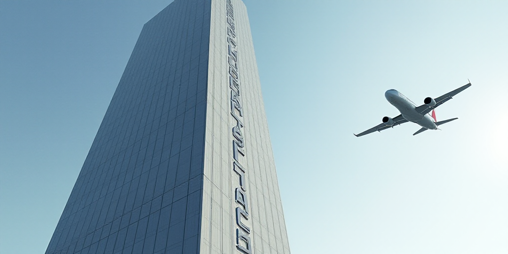 a very tall building with a very large sign on it's side and a plane flying by it, Caspar Wolf, shar