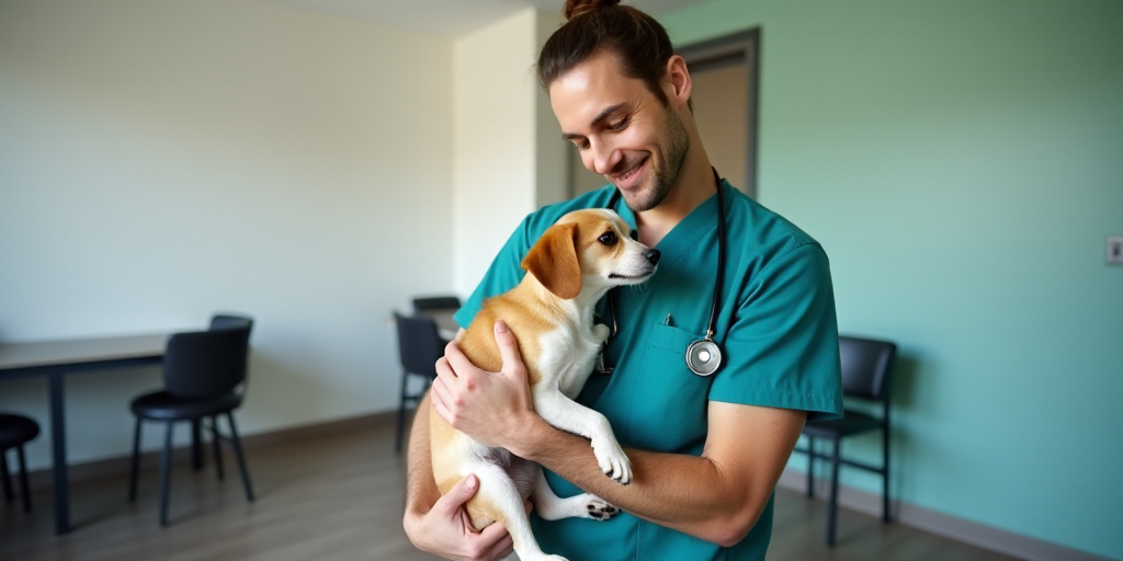 a veterinarian is holding a small dog in a room with a table and chairs and a wall, Dr. Atl, orange,