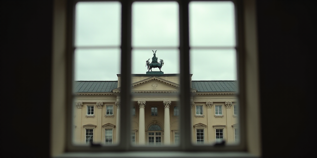 a view of a building through a window with a view of the outside of it and a statue of a horse on to