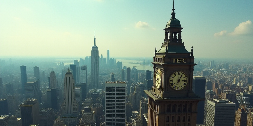 a view of a city from a high rise building with a clock tower on top of it and a sign that says tec,