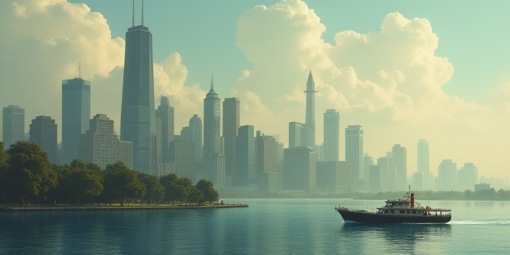 a view of a city with a large building in the foreground and a boat in the water in front of it, Eli