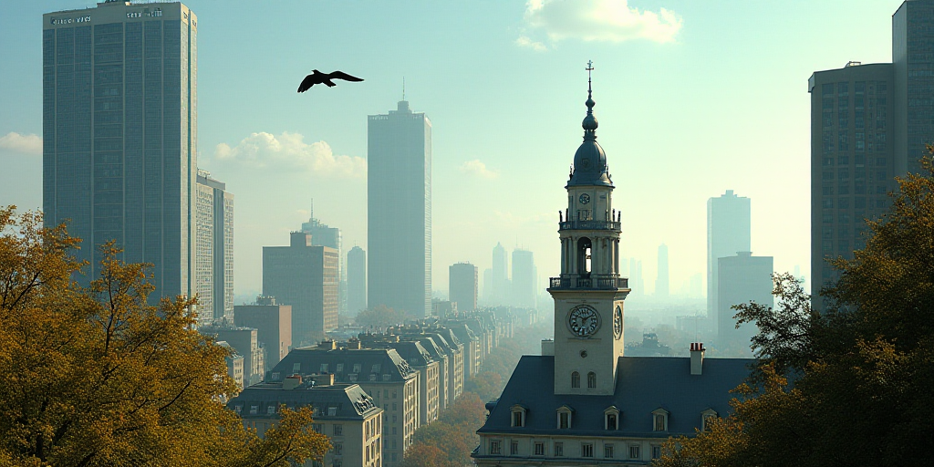 a view of a city with tall buildings and a clock tower in the foreground, and a bird flying overhead