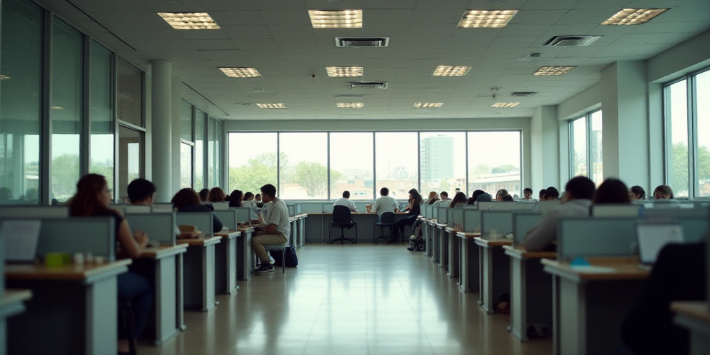 a view of a cubicle with people working at desks and a sign that says fibra educa, Eduardo Lefebvre