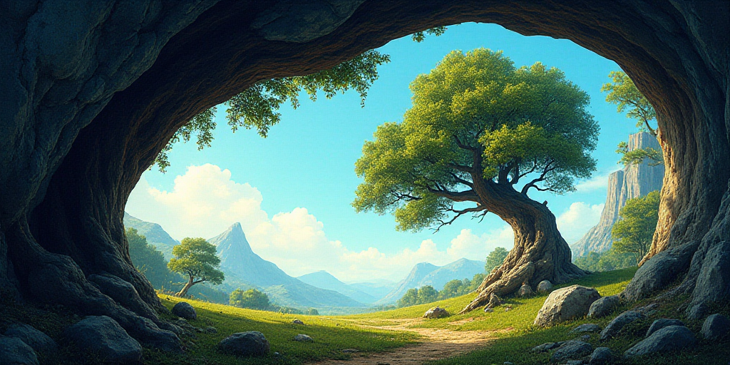 a view of a tree from the ground looking up at the sky and trees in the distance with a blue sky, Cu