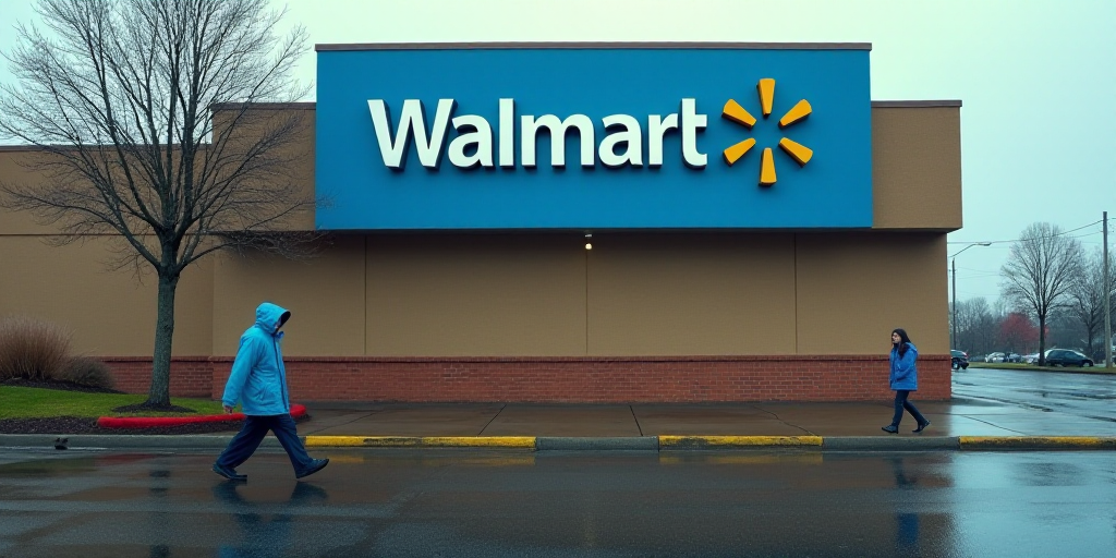 a walmart sign on a building with a person in a raincoat walking by it and a person in a blue rainco