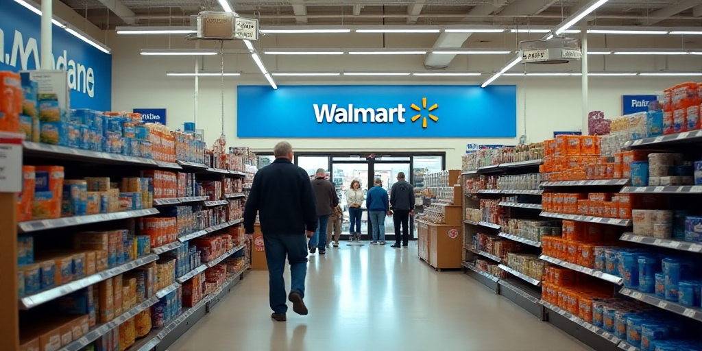 a walmart store with customers shopping in the aisles and a sign advertising the store's products on
