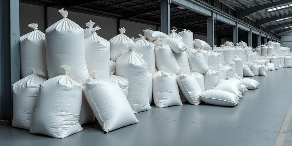 a warehouse filled with lots of bags of white stuff next to a metal pole and a pile of bags of white