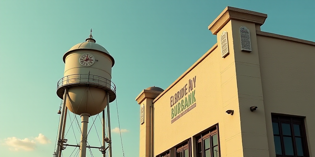 a water tower next to a building with a clock on it's side and a window on the other side, Elbridge