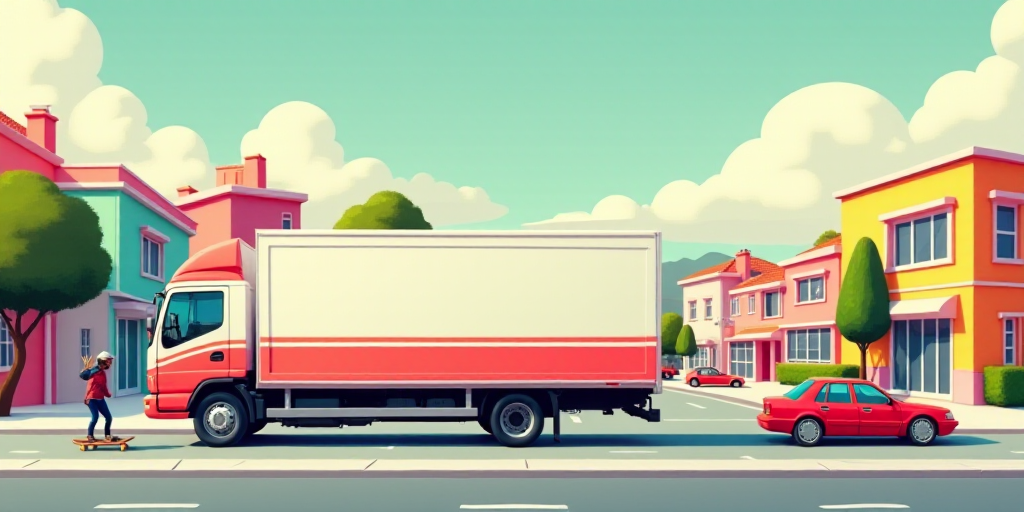 a white and red truck and some buildings and cars and a person on a skateboard and a car, Esteban Vi