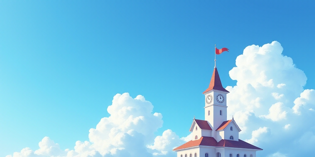 a white building with a clock tower on top of it's side and a blue sky with clouds, disney, blue sky
