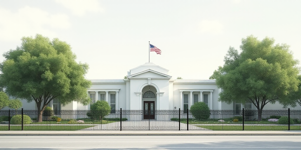 a white building with a flag on top of it and trees around it and a fence in front of it, Carlos Tri